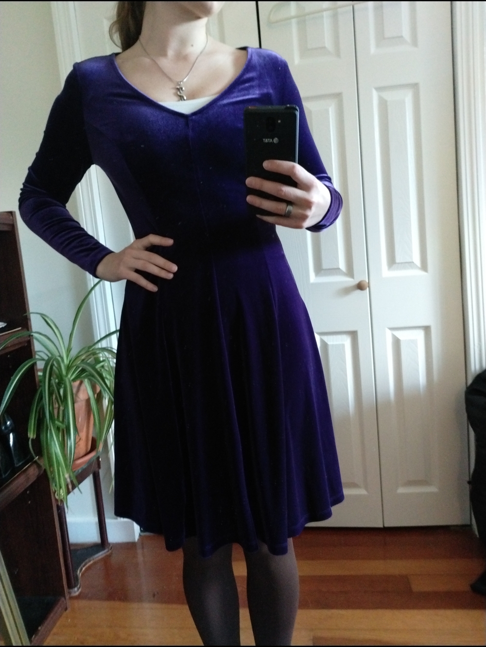 Marc Bouwer Deep Purple Velvet Long Sleeve Dress